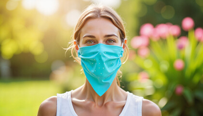 Young woman wearing blue face mask in garden, health awareness