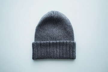A single gray beanie positioned in the center of a white background