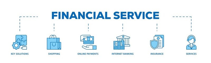 Financial service infographic icons flow process which consists of key solutions, shopping, online payments, internet banking, insurance and services icon live stroke and easy to edit .