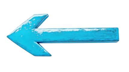 Light blue painted wooden arrow pointing left on transparent background