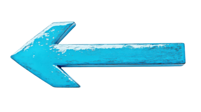 Light blue painted wooden arrow pointing left on transparent background