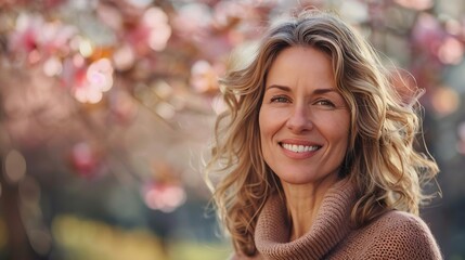 A joyful woman with wavy hair smiles warmly amidst blooming flowers, radiating happiness and serenity in a vibrant spring setting.