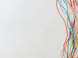 Colorful bundle of wires hanging on a white wall in a bright environment