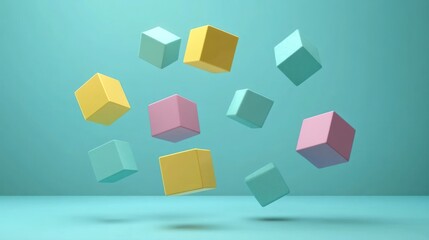 Pastel cubes levitate, teal background, 3D render, design