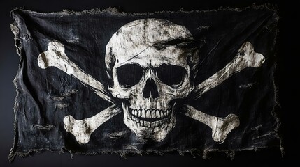 Fototapeta premium A weathered skull and crossbones flag with distressed fabric, symbolizing piracy and adventure. Perfect for Halloween and nautical themes.