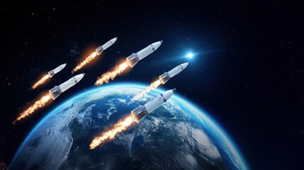 Obraz premium Multiple rockets flying toward Earth, shining brightly in space, Cyber Force concept highlighting cybersecurity, phishing attacks, and global cyber warfare defense