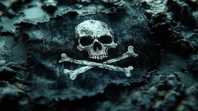 A weathered pirate flag featuring a skull and crossbones design on a textured surface, symbolizing piracy and danger.