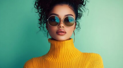 Stylish portrait of a woman in a vibrant yellow sweater and sunglasses. Features a modern, chic look against a pastel background.