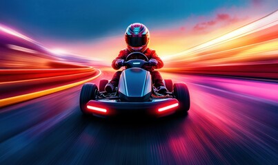 Child Driving Futuristic Go-Kart with Neon Lights