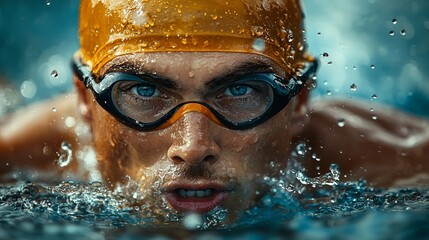 Professional Swimmer Bursting from Water During Intense Race Shimmering Droplets and Raw Athletic Energy