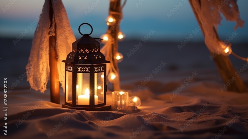 Poster serene beachside ambiance with candlelit lantern and warm lights creating a tranquil atmosphere at d