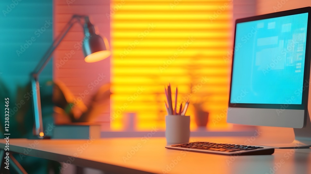 Poster futuristic digital workspace for voice search content creation and optimization