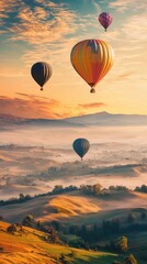 Obraz premium Colorful hot air balloons flying over the rolling hills in the scenic landscape of tuscany italy
