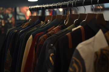 Obraz premium Clothing rack with various jackets and shirts in dimly lit room.