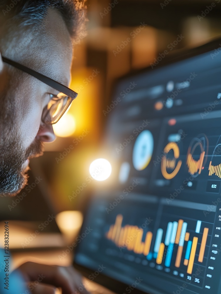 Poster marketing team analyzing voice search data on digital analytics dashboard