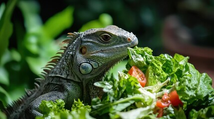 Obraz premium Lizard eating fresh vegetables in a lush garden setting with greenery and soil