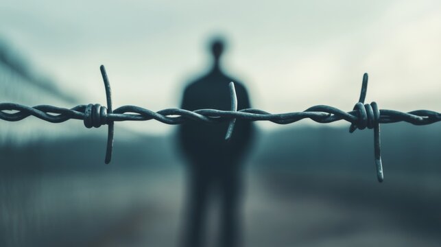 Silhouette behind barbed wire fence, overcast sky