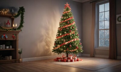 Spruce tree decorated with garland and ribbons, holiday decoration, ribbon