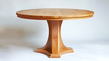 A wooden table with a round top and a tall pedestal