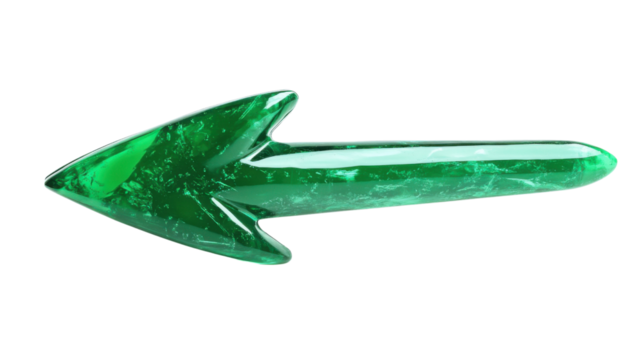 Green emerald or malachite arrow pointing left on transparent background