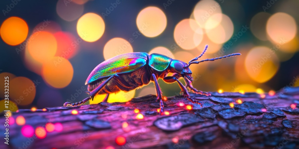 Poster a vibrant beetle crawls on a textured log. its shiny colors contrast beautifully with the blurred bo