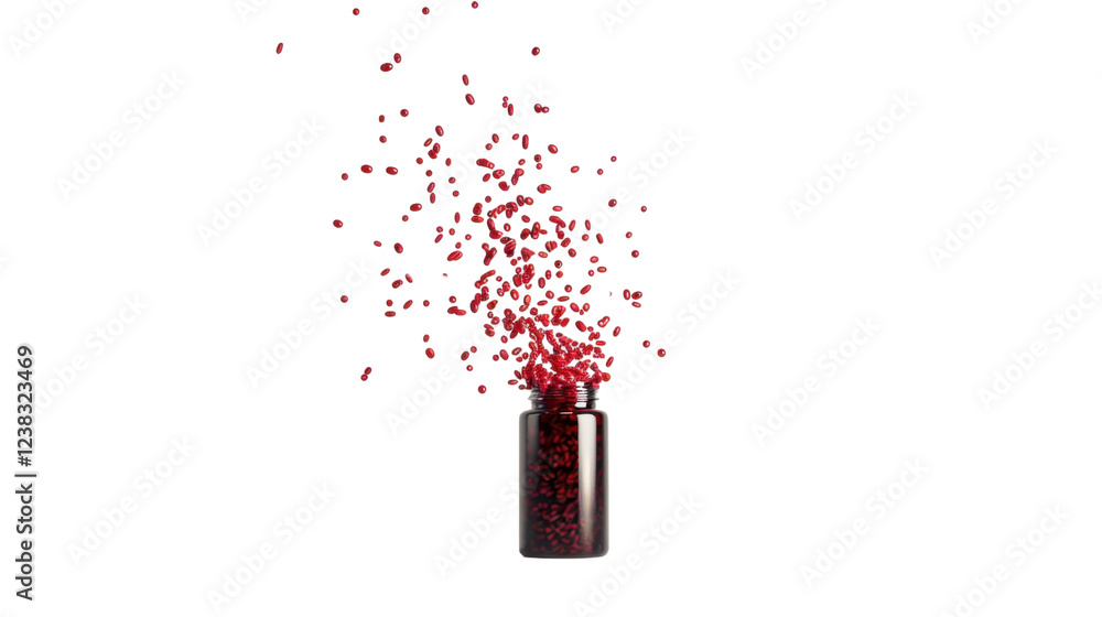 Poster red pills exploding from a pill container on transparent background
