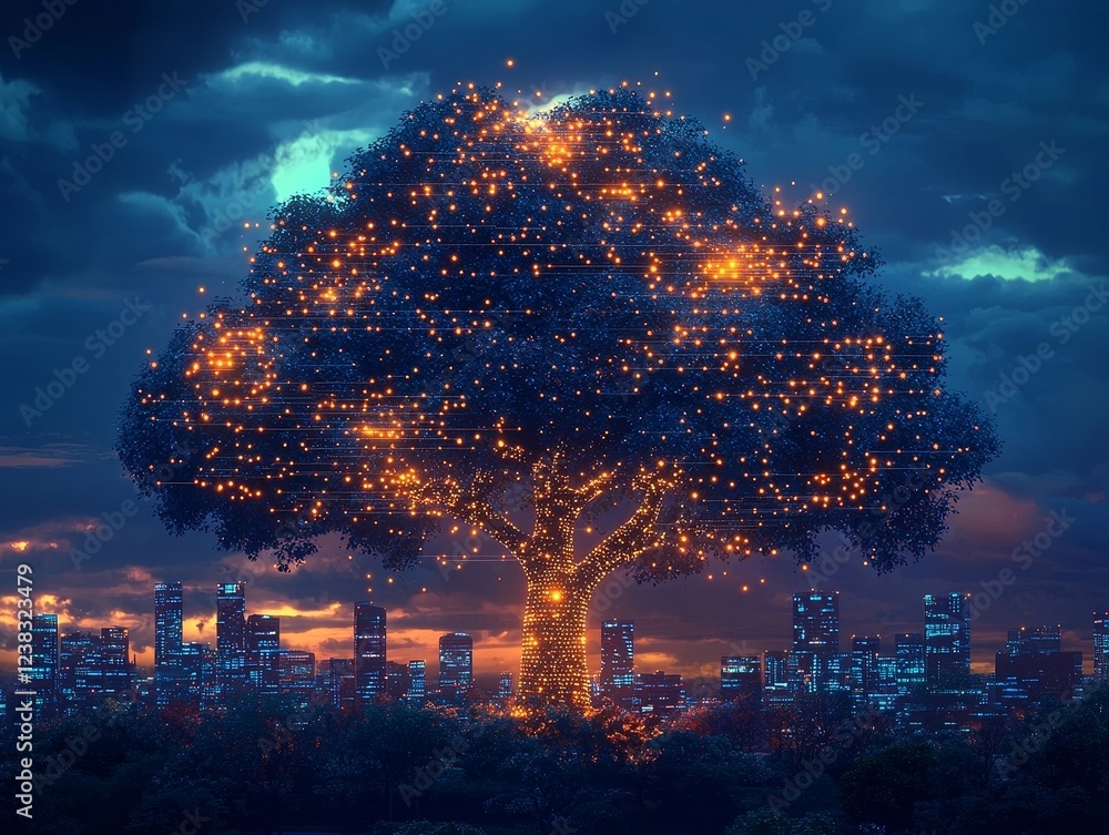 Aufkleber surreal cloud tree with glowing data leaves connected to high tech devices