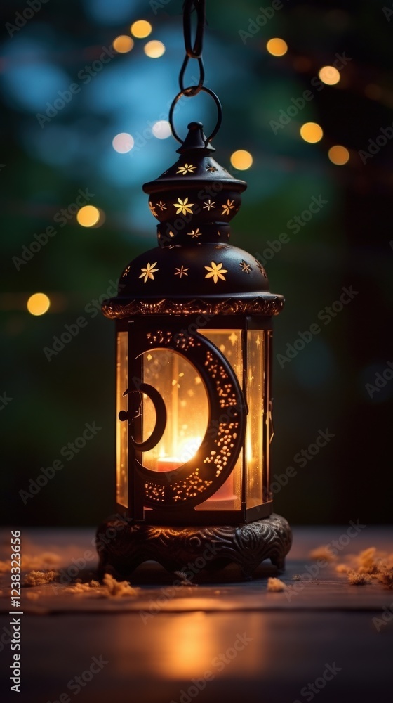 Aufkleber elegant lantern with crescent moon design illuminated by warm glow among glimmering background light