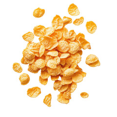 Corn Flakes Scattered: A burst of golden corn flakes scattered against a pristine backdrop, capturing the essence of a breakfast staple with a playful, airy feel.  