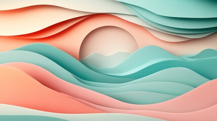 Pastel papercut waves landscape, sunrise, design, background