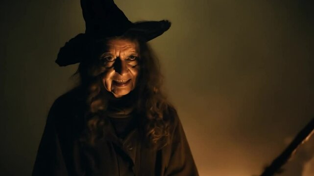 Halloween scene witchery, A portrait of a hideous elderly sorceress standing with her enchanted staff enveloped in fiery against a dark backdrop. Generative AI