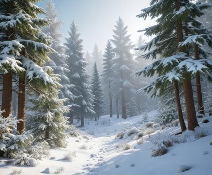 Snow-covered forest with evergreen trees and snowflakes, snowflakes, landscape, tree bark