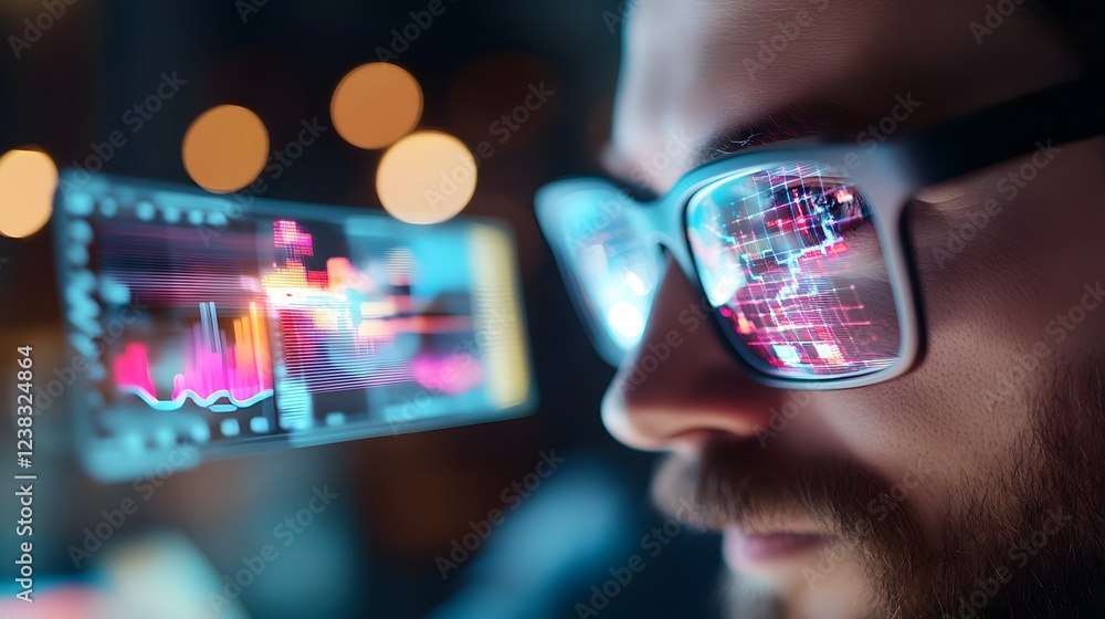 Poster futuristic digital analytics tools visualize campaign outcomes for marketers in brainstorming