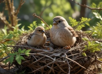 Fototapeta premium Snowfinch and fledgling in a nest with twigs and leaves surrounding them, birdsinbreeding, winged, nivalis