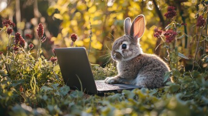 Rabbit sitting in green grass while using a laptop on a sunny day in a peaceful outdoor setting