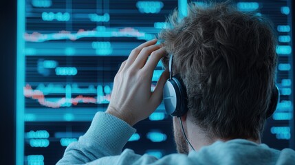 Deflation impacts. A person wearing headphones analyzes data on a digital screen with graphs and charts.