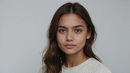 Naklejka premium Young woman with long hair wearing a simple shirt poses against a neutral background in a studio setting
