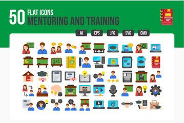 Set of 50 Mentoring And Training Icons. Flat Icon Collection