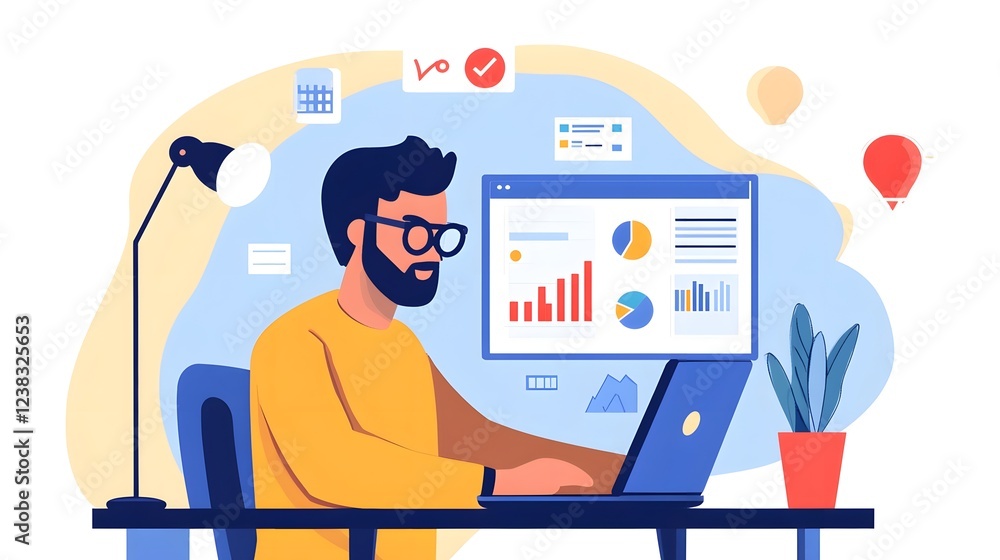 Aufkleber a content creator working on an seo driven blog post with analytics tools and topic trends on a