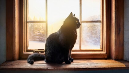 A curious black cat relaxes on a wooden windowsill, watching the world as sunlight spills inside.