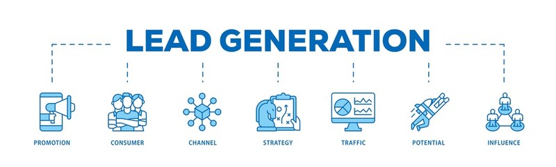 Lead generation infographic icons flow process which consists of promotion, consumer, channel, strategy, traffic, potential and influence icon live stroke and easy to edit .