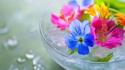 Colorful Edible Flowers on Ice - Summer Refreshment and Decor Concept