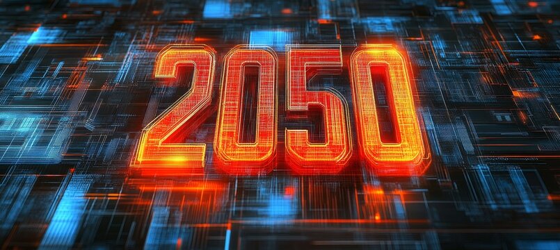 3D Number 2050 in Futuristic Neon Style on a Technology Background. Abstract Digital Illustration