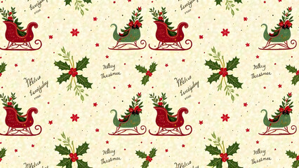 A seamless retro holiday pattern with antique sleighs, delicate holly leaves, and scripted greetings, styled in soft red and green tones to evoke nostalgic warmth. 
