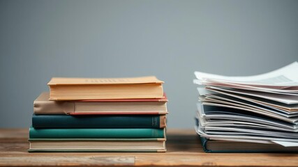 stack of books with a few papers on the side, paper back, hard cover, textbooks
