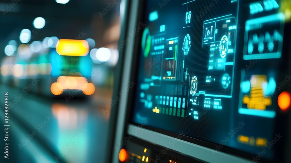 Poster high tech public transportation control center with holographic screens monitoring bus