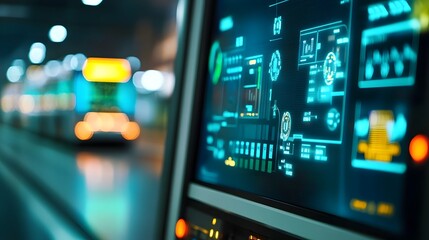 Obraz premium High Tech Public Transportation Control Center with Holographic Screens Monitoring Bus