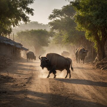  Banni Buffalo Walking Along a Dirt Road. 