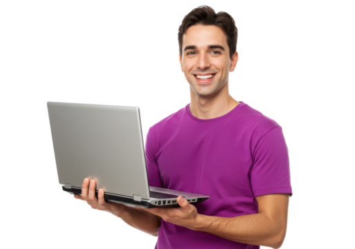 A smiling man in a purple shirt holding a laptop, isolated on white background