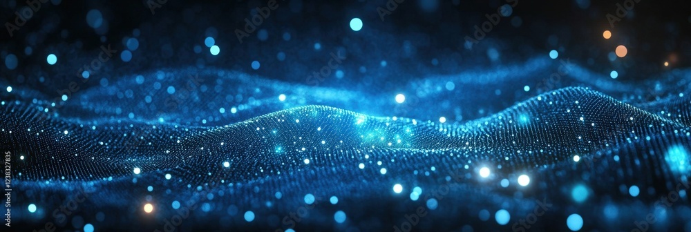 Poster abstract blue wave of dots and weave lines creating a digital atmosphere in motion under a night sky